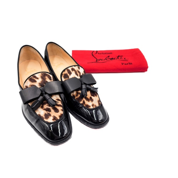 Christian Louboutin Black Patent Leather Calf Hair Bow Loafers Flats EU 38 - Picture 1 of 8
